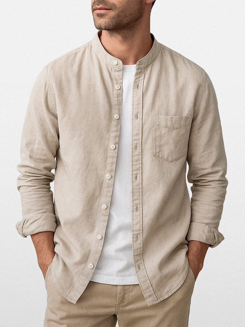 Raw jute linen shirt for men with structured mandarin collar, full front closure and soft silhouette — refined neutral tone for understated elegance.