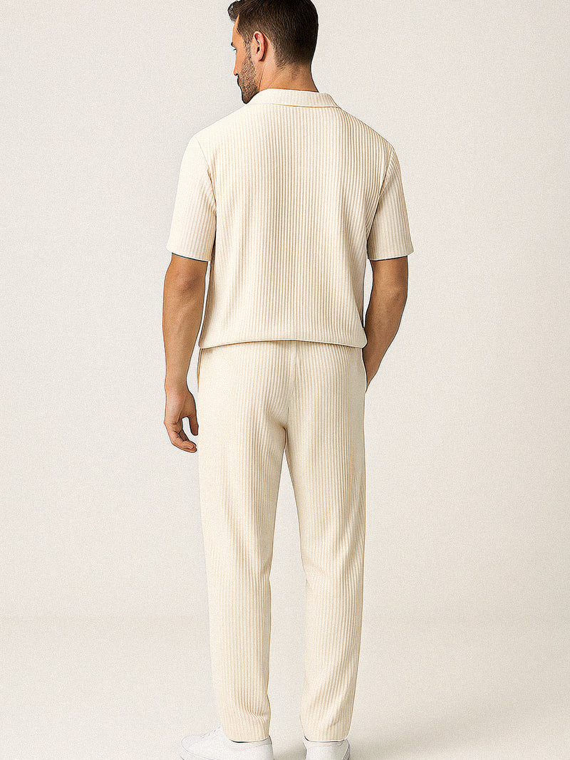 Beige striped co-ord set for men featuring short sleeve shirt and elastic waist pants — soft tone and relaxed fit for refined comfort.