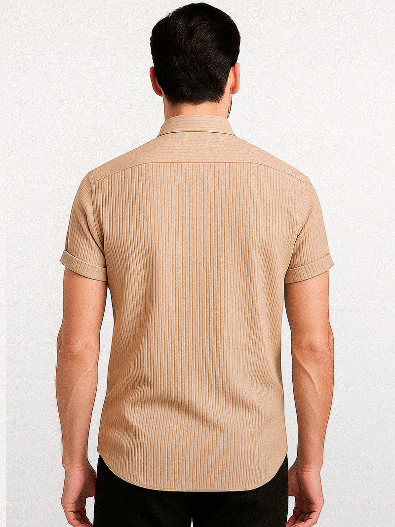 Khaki short sleeve t-shirt with button-up detail and soft corduroy texture — casual and elegant for versatile styling