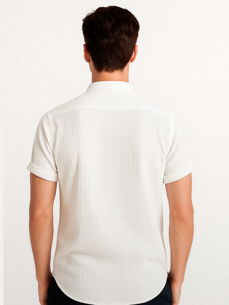 White short sleeve t-shirt with button-up neckline and clean finish — minimalist design with modern structure.