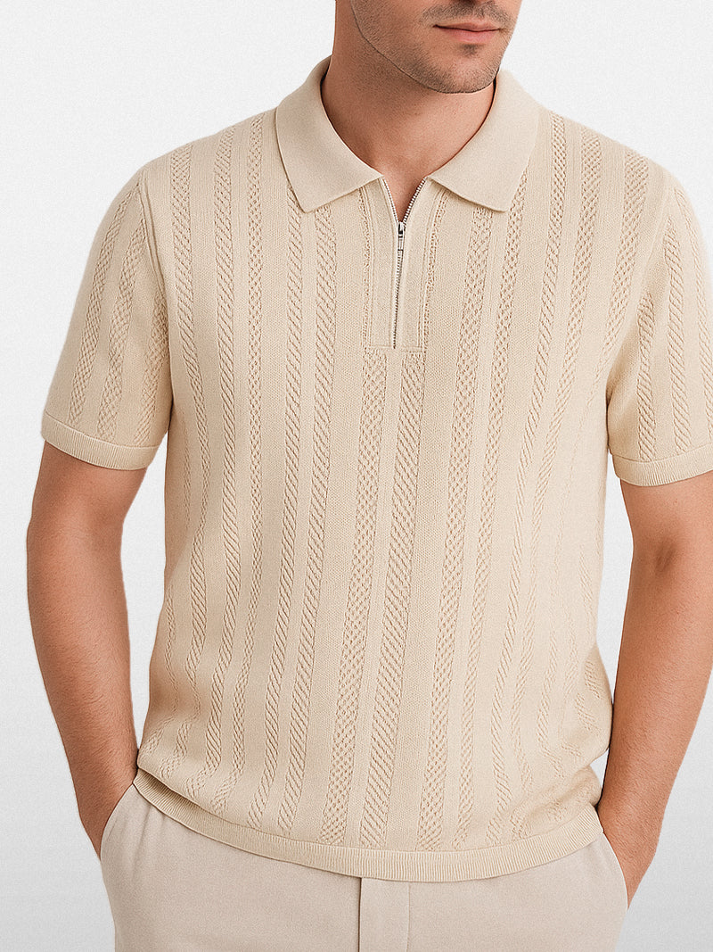 Apricot knit polo shirt for men with front zip detail and structured collar — soft tone and minimalist fit for understated elegance.