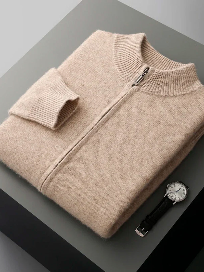 Natural beige merino wool sweater with central zipper, ribbed neckline and soft knit texture — refined layers for colder days with timeless elegance.