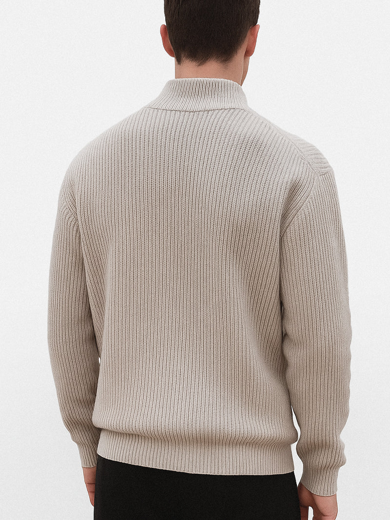 Gray structured pullover sweater with heavyweight knit and clean neckline — mid-season layering piece with refined everyday comfort.