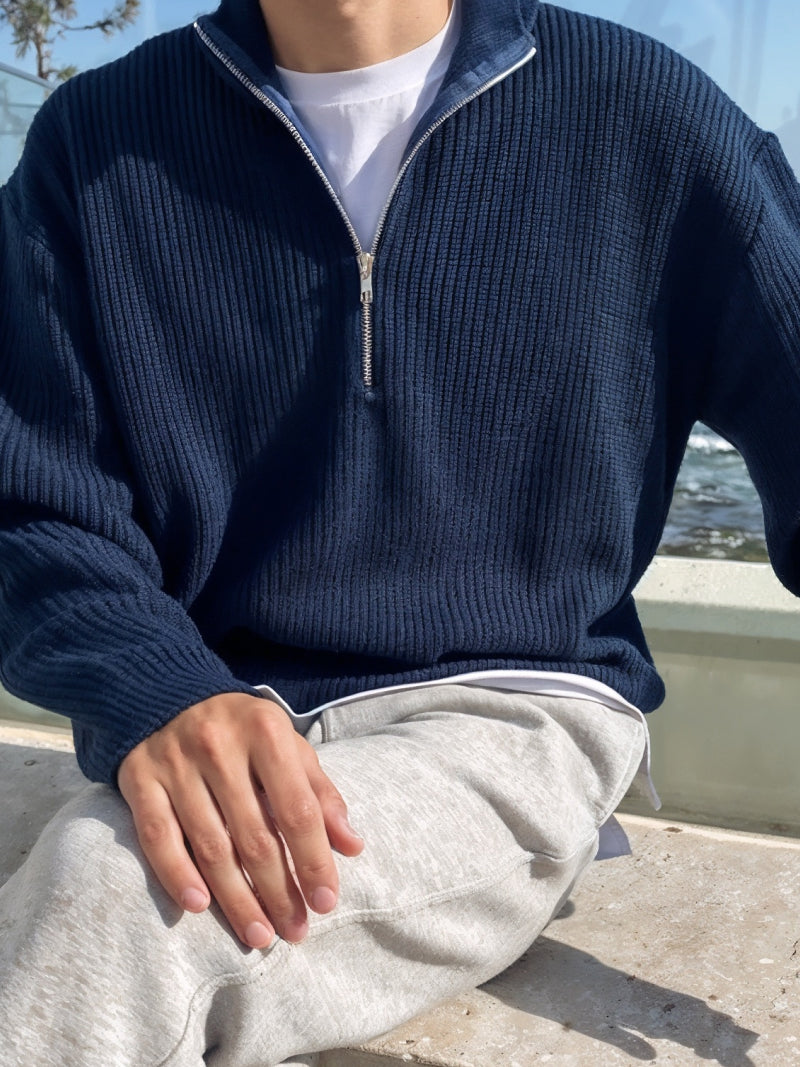 Navy blue sweater shirt with thick knit texture and minimalist structure — quiet layering option for cooler days.