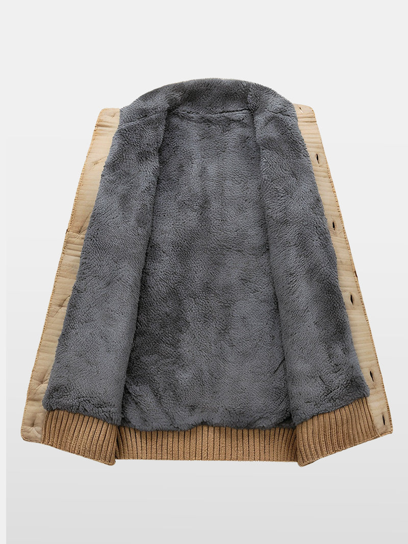 Textured knit jacket for men with mandarin collar and soft wool lining — smart layering piece with discreet sophistication.