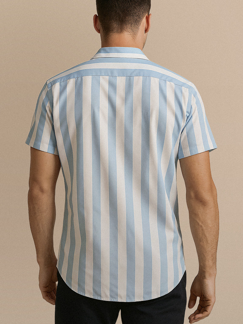 Sky blue striped shirt with lapel collar and soft-stretch relaxed fit — lightweight design with vertical pattern for refined summer style.