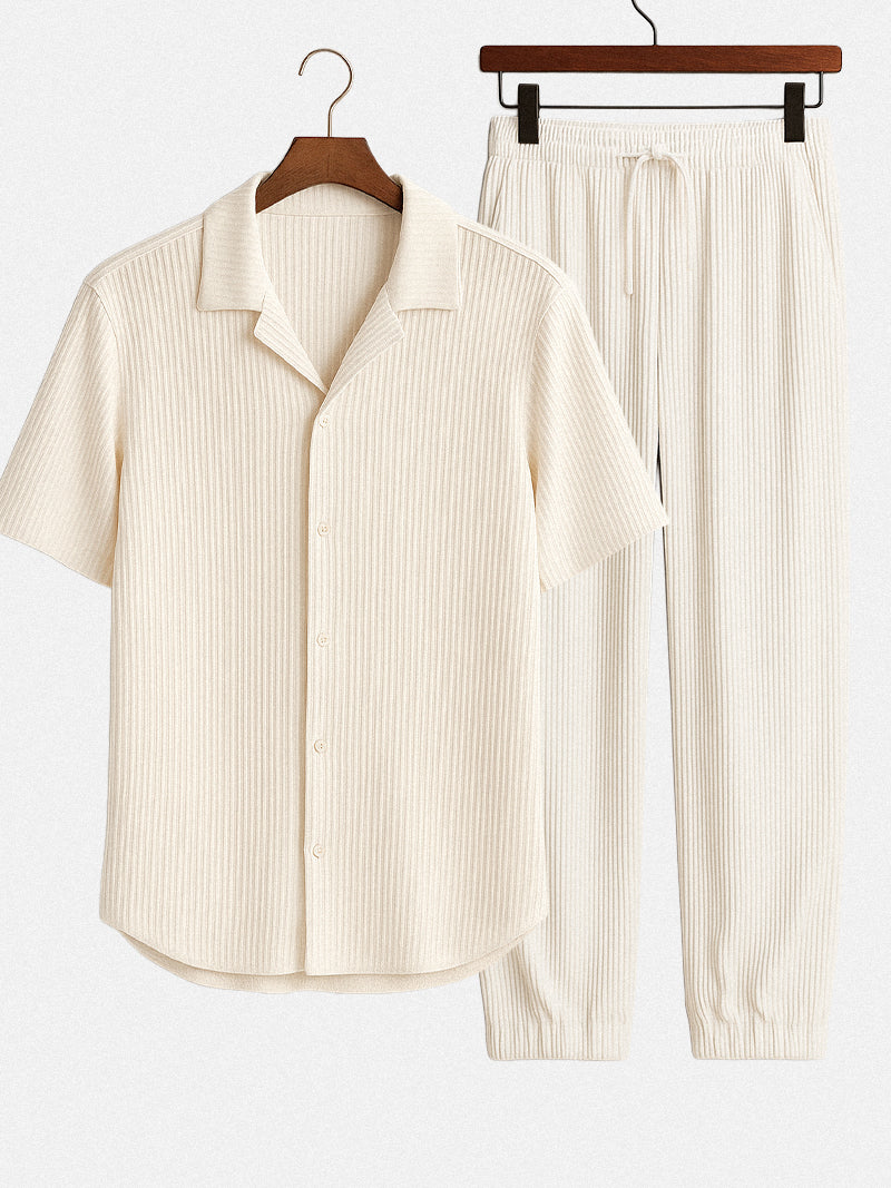 Beige striped co-ord set for men featuring short sleeve shirt and elastic waist pants — soft tone and relaxed fit for refined comfort.