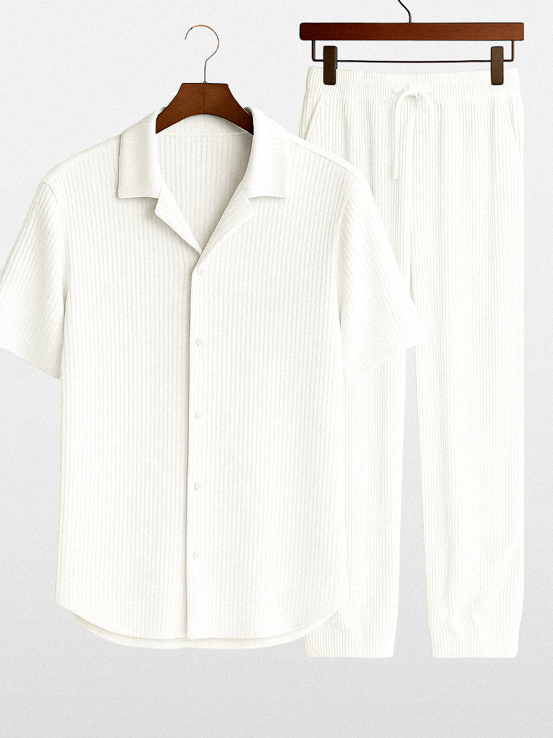 White striped summer set for men with short sleeve shirt and elastic waist pants — light fabric and notched collar for elegant leisure.