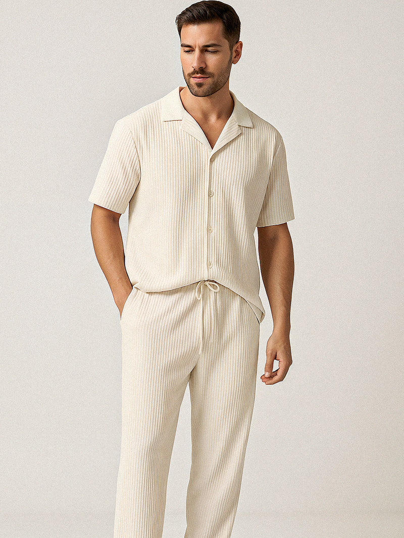 Beige striped co-ord set for men featuring short sleeve shirt and elastic waist pants — soft tone and relaxed fit for refined comfort.