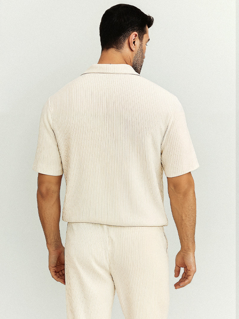 White striped summer set for men with short sleeve shirt and elastic waist pants — light fabric and notched collar for elegant leisure.