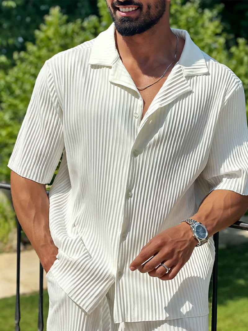 White striped summer set for men with short sleeve shirt and elastic waist pants — light fabric and notched collar for elegant leisure.