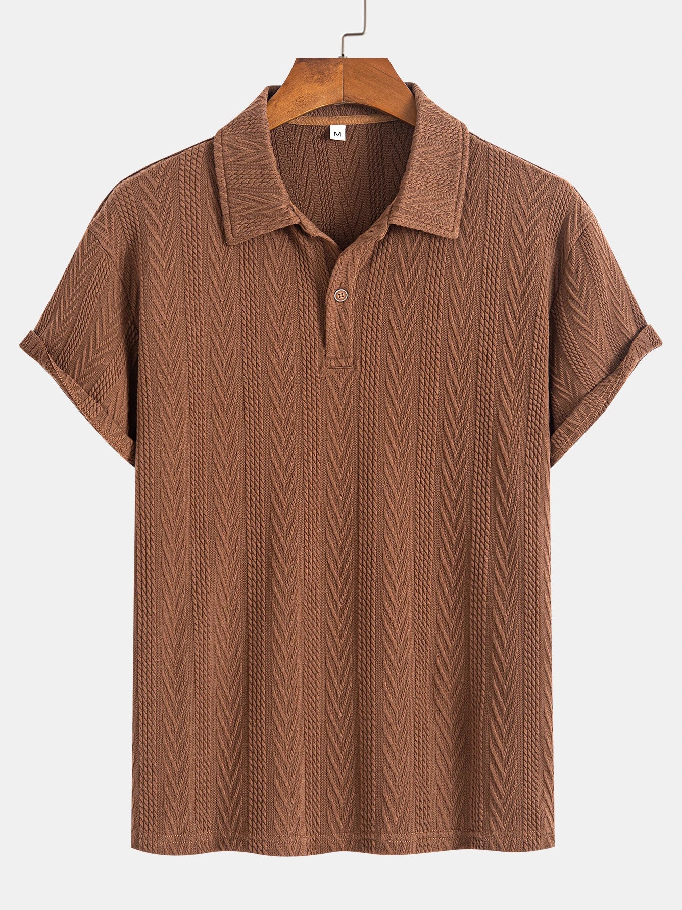 Coffee polo shirt with soft chevron knit and short rolled sleeves — discreetly elegant for everyday use.