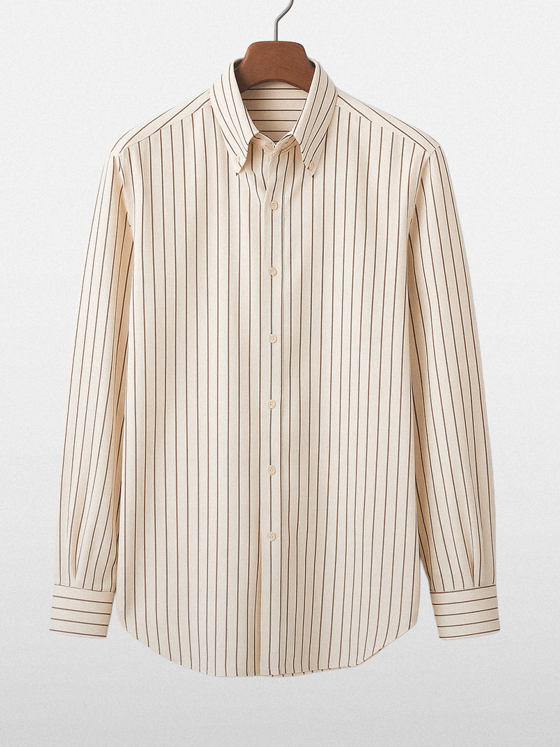 Striped formal shirt with classic structured collar and long sleeves — elegant broadcloth fabric with timeless vertical pattern.