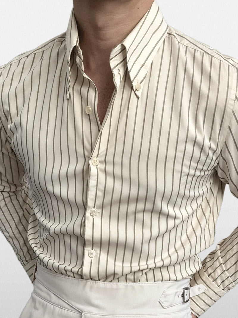 Striped formal shirt with classic structured collar and long sleeves — elegant broadcloth fabric with timeless vertical pattern.