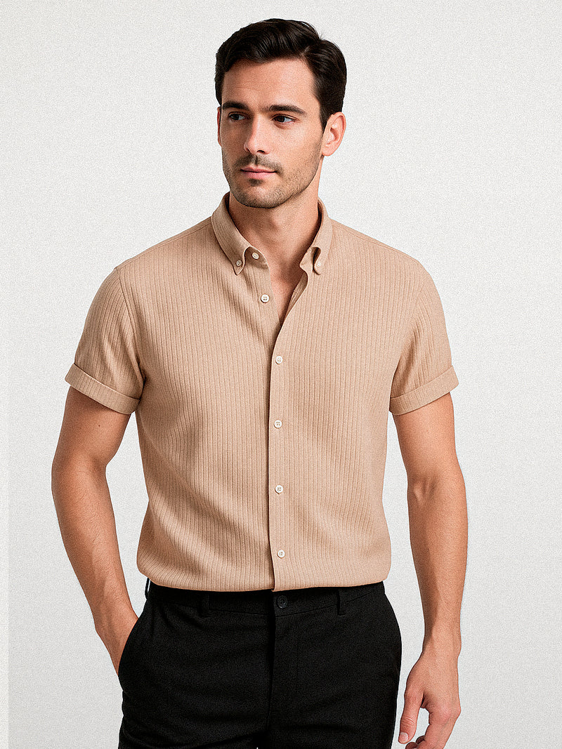Khaki short sleeve t-shirt with button-up detail and soft corduroy texture — casual and elegant for versatile styling.