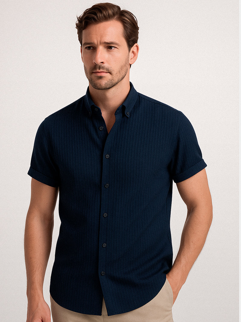 Navy blue short sleeve t-shirt with button-up front and breathable polyester texture — clean silhouette with subtle structure.