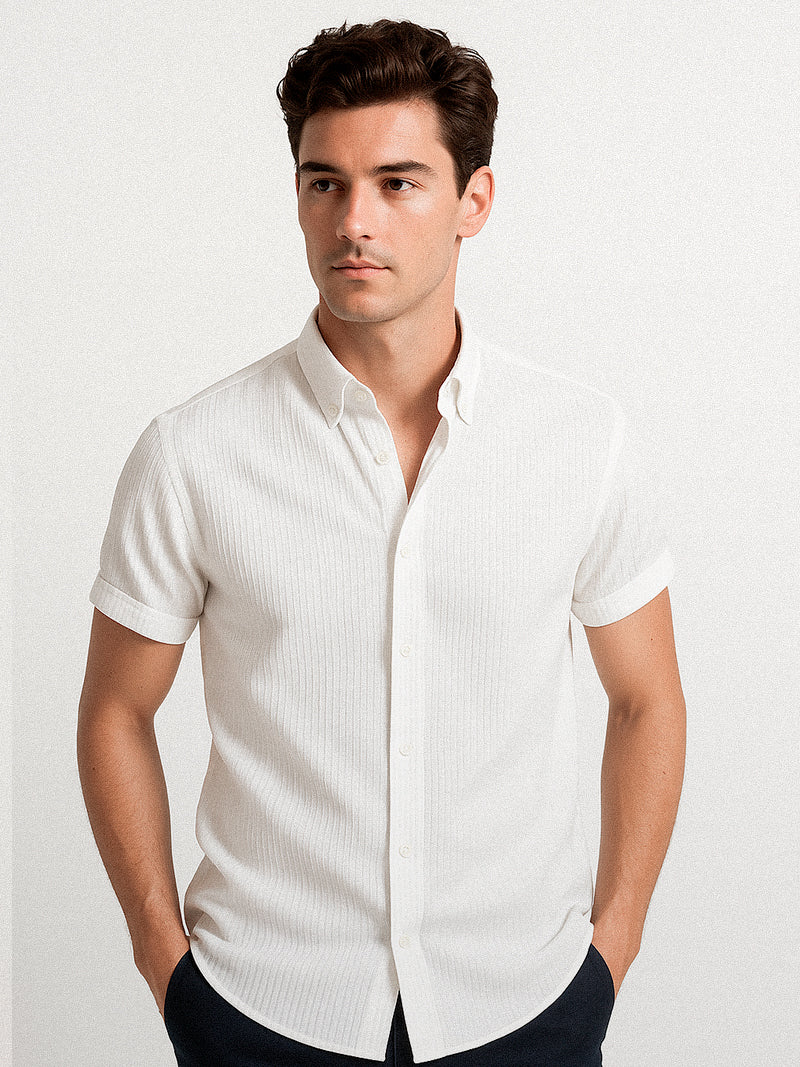 White short sleeve t-shirt with button-up neckline and clean finish — minimalist design with modern structure.