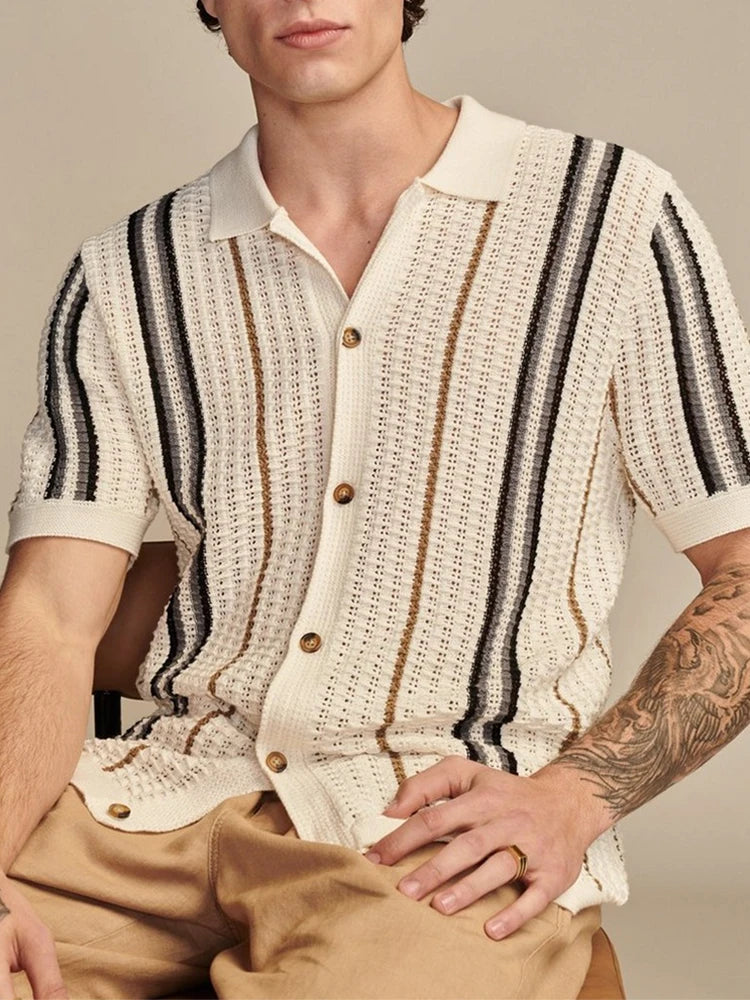 Beige striped short sleeve shirt with knit texture and button-up front — minimal collar and fluid fit for effortless summer elegance.