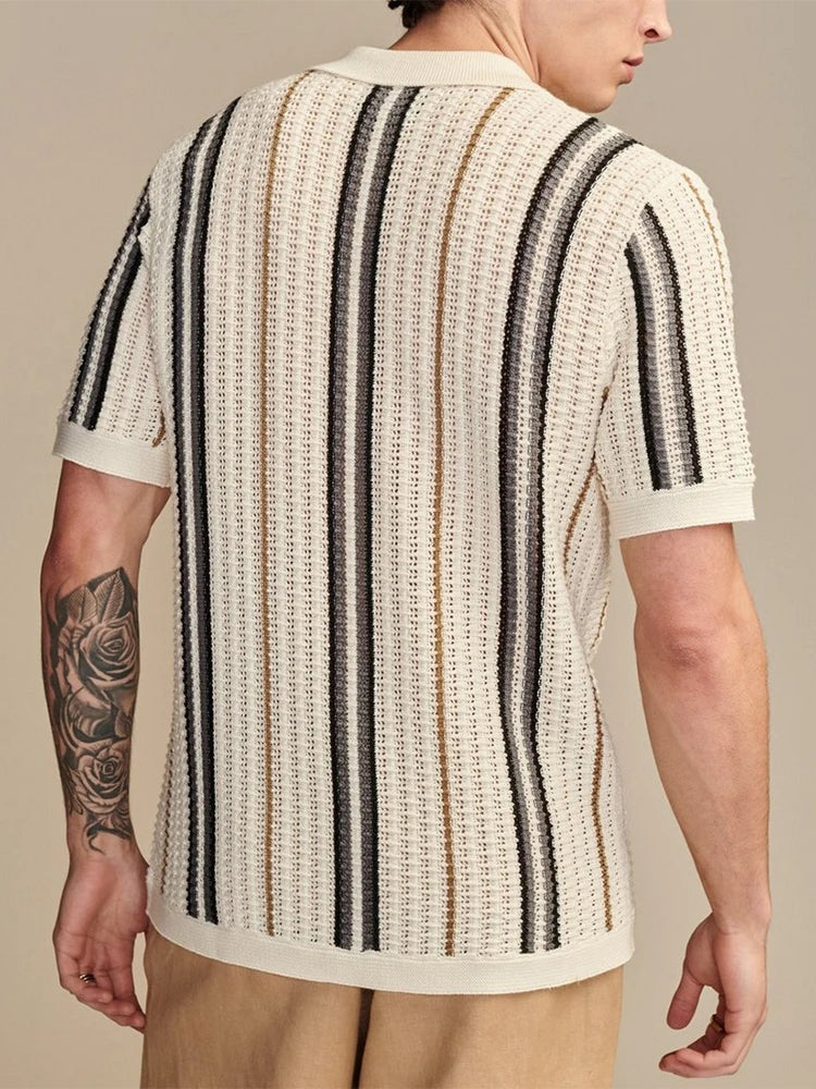 Beige striped short sleeve shirt with knit texture and button-up front — minimal collar and fluid fit for effortless summer elegance.