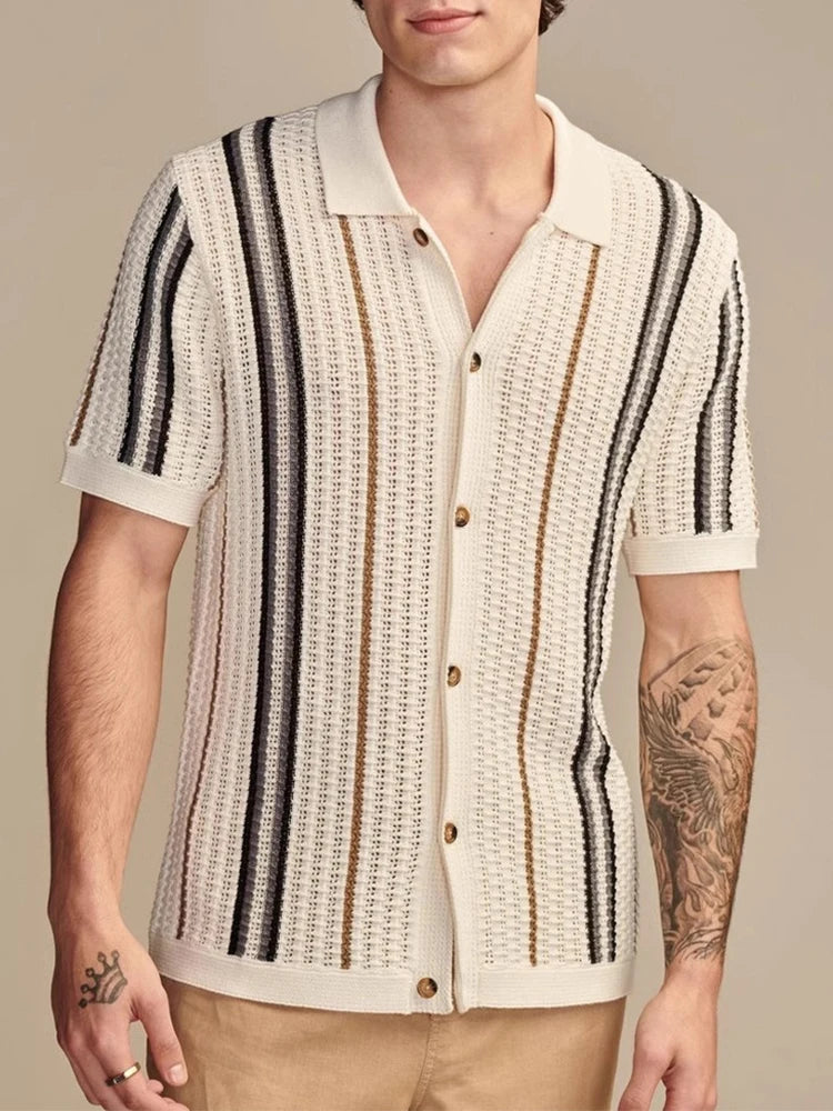 Beige striped short sleeve shirt with knit texture and button-up front — minimal collar and fluid fit for effortless summer elegance.