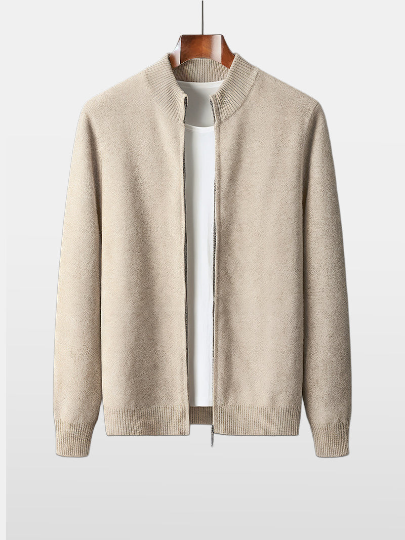 Natural beige merino wool sweater with central zipper, ribbed neckline and soft knit texture — refined layers for colder days with timeless elegance.