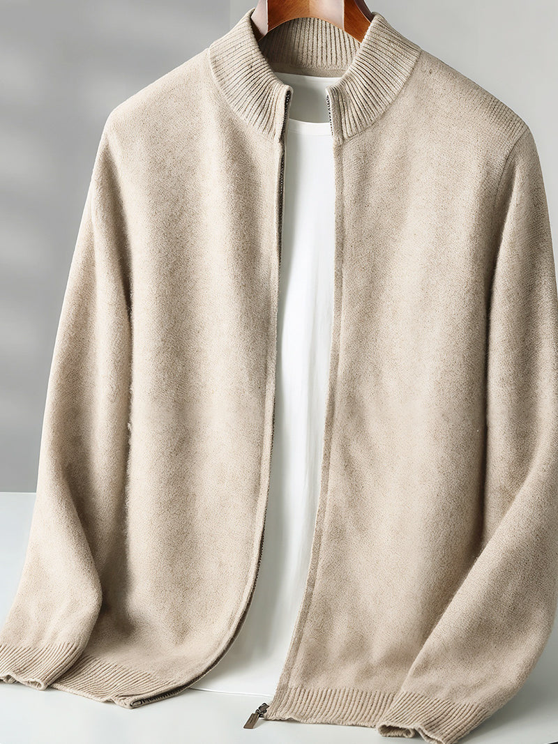 Natural beige merino wool sweater with central zipper, ribbed neckline and soft knit texture — refined layers for colder days with timeless elegance.