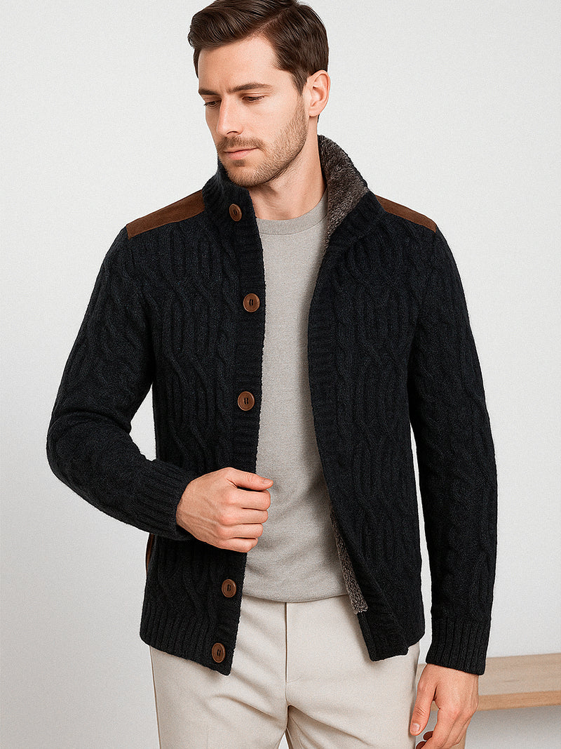 Dark blue knit jacket with structured neckline and wool-blend lining — refined texture and sleek tailoring for modern understated style.