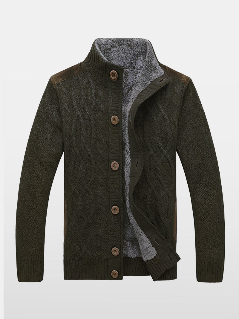 Dark green knit jacket with mandarin collar and wool-lined interior — tailored fit and subtle geometric texture for quiet confidence.