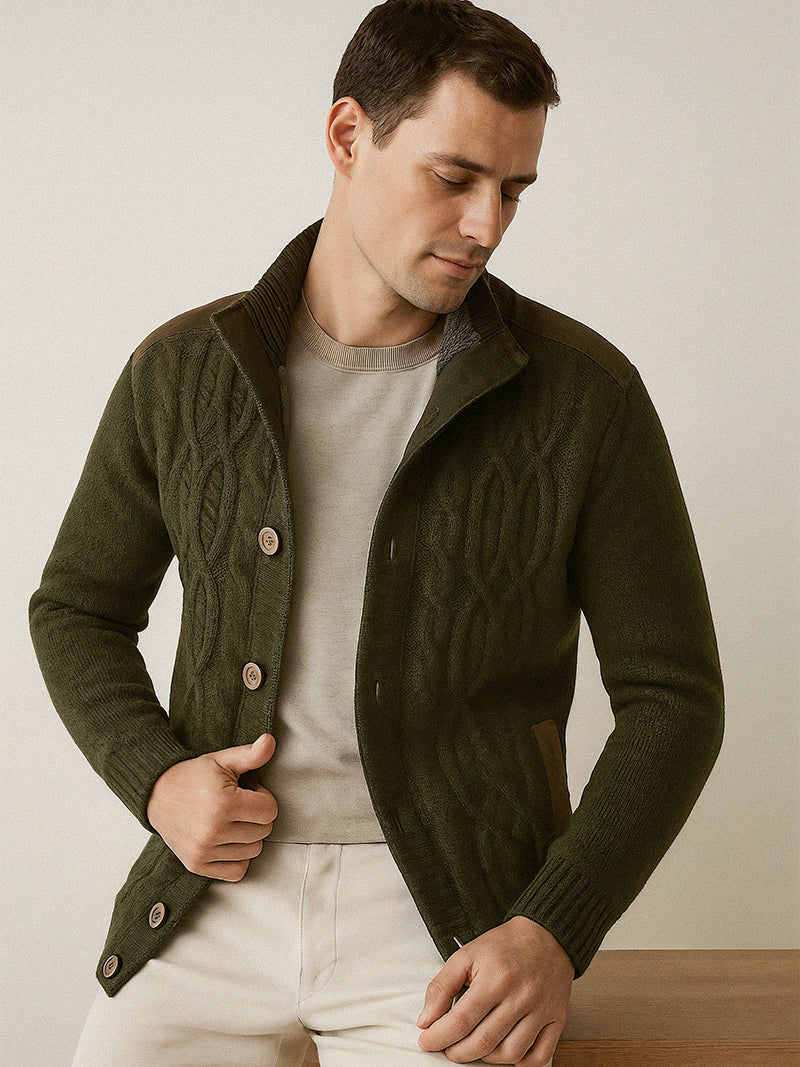 Dark green knit jacket with mandarin collar and wool-lined interior — tailored fit and subtle geometric texture for quiet confidence.