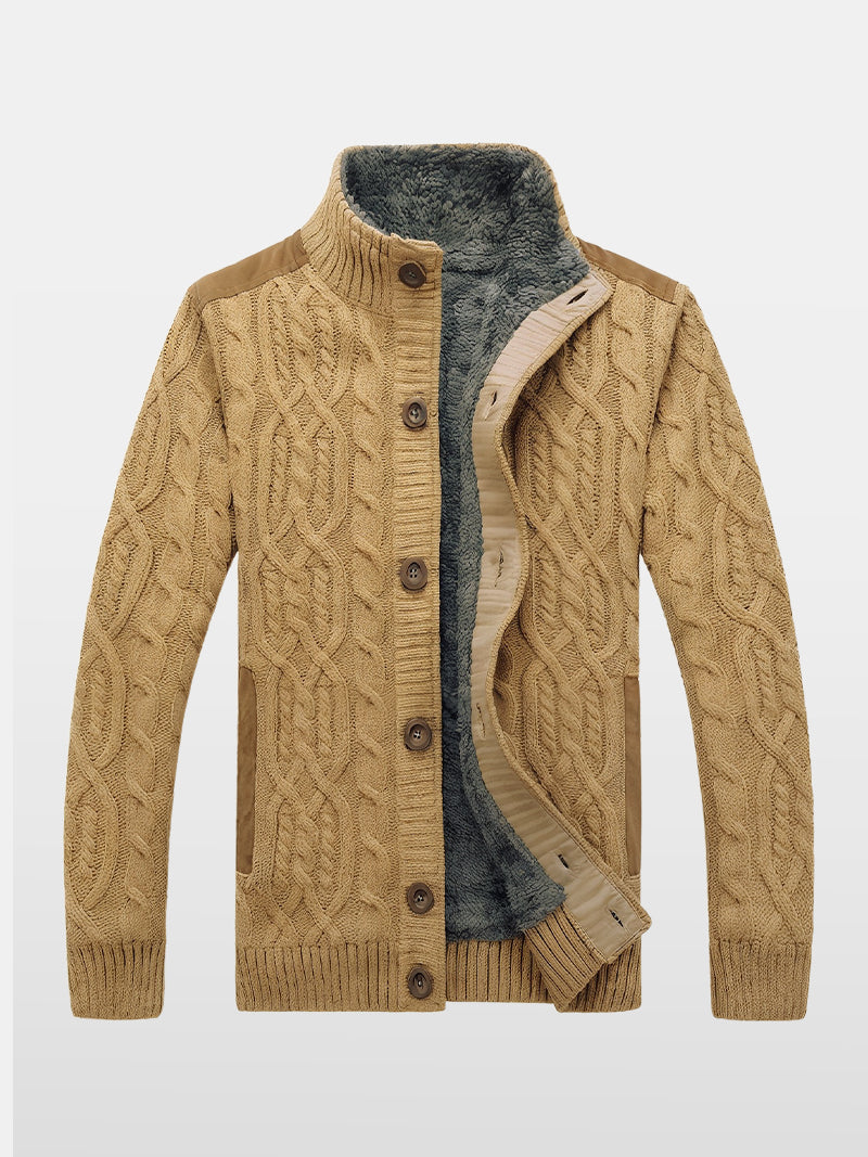 Textured knit jacket for men with mandarin collar and soft wool lining — smart layering piece with discreet sophistication.