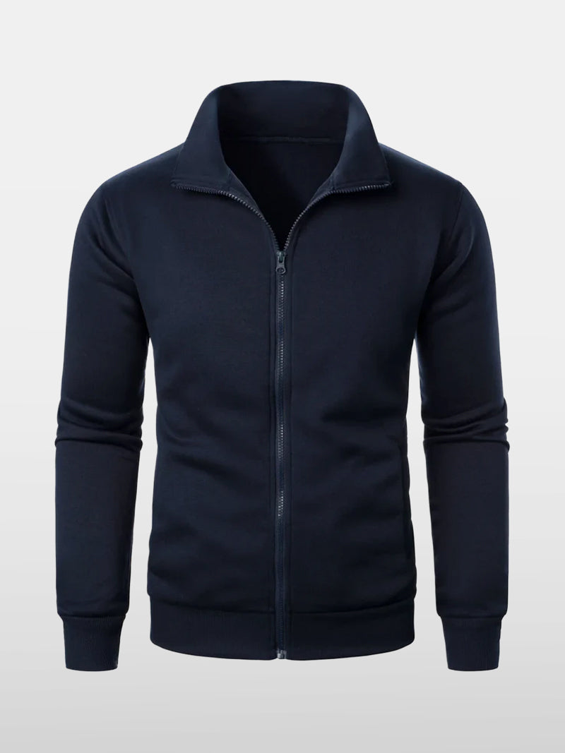 Navy blue zip-up sweater with stand-up collar and soft knit lining — midweight layer designed for quiet structure and modern elegance.