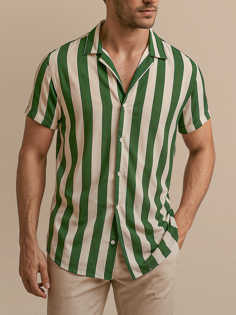 Mint green striped short sleeve shirt with lapel collar and button-up front — breathable and casual with structured drape.