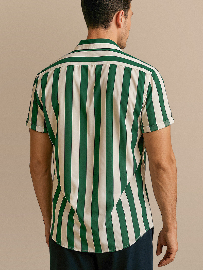 Mint green striped short sleeve shirt with lapel collar and button-up front — breathable and casual with structured drape.