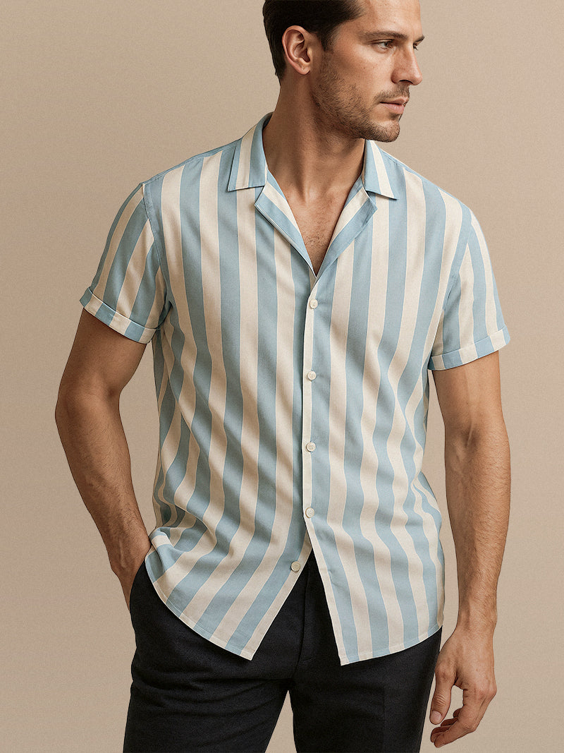 Sky blue striped shirt with lapel collar and soft-stretch relaxed fit — lightweight design with vertical pattern for refined summer style.